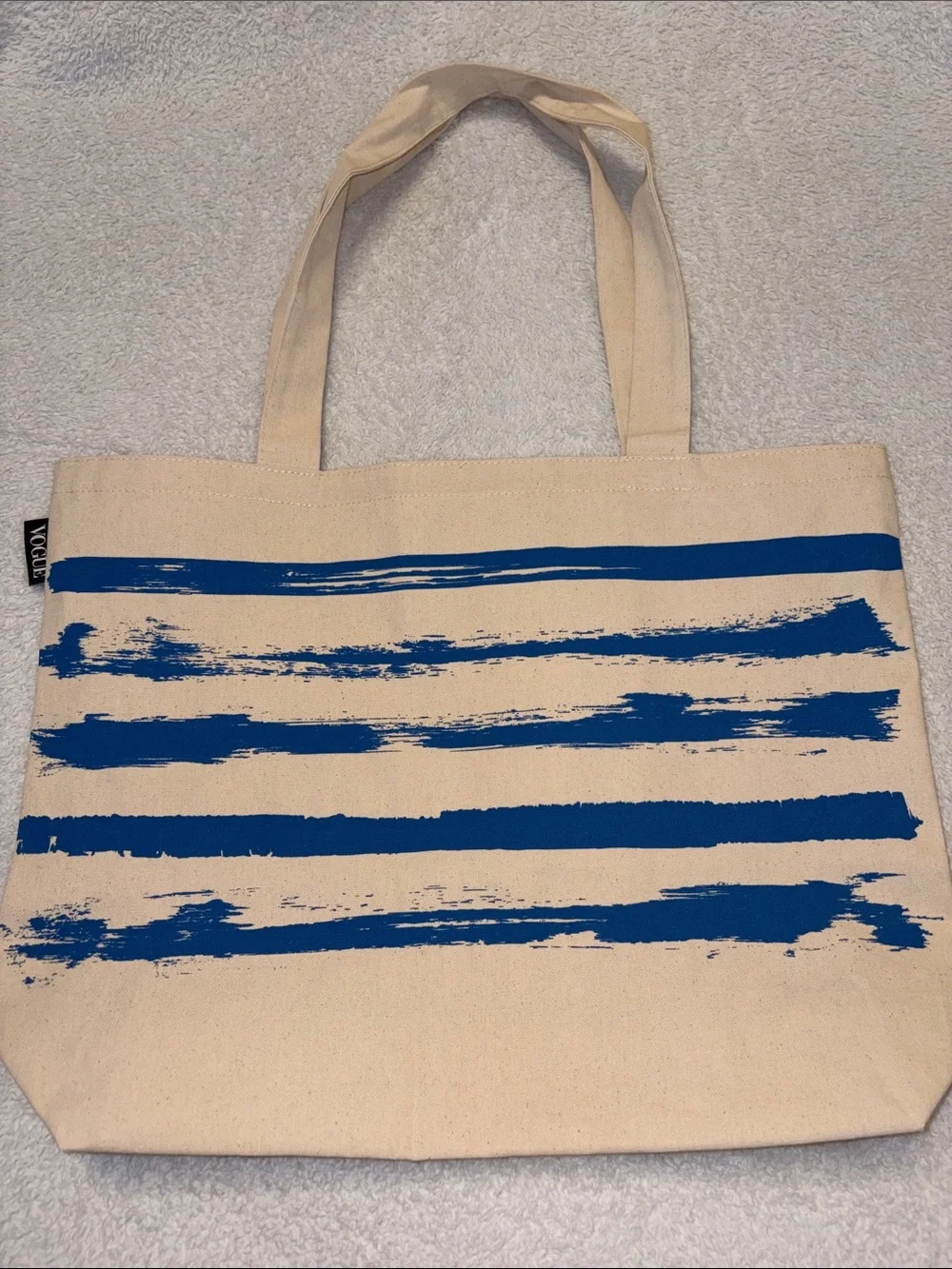 Vogue Canvas Tote in Natural and Blue with Black Logo